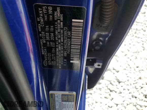 2022 Hyundai Elantra SE with VIN KMHLL4AG3NU259973, listed as a Copart auction lot 81927935 with 43,805 mi miles and Salvage title. Bid and sale history available at DreamBid. Image 12.