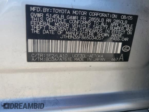 ✅ 2006 Lexus LS 430 • VIN: JTHBN36F865034057 • Lot: 85145355. Listed on Copart with 155,708 mi. Free auction sales archive from the USA and detailed vehicle history report at DreamBid. Image 12.