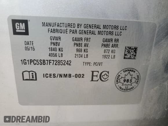 ✅ 2015 Chevrolet Cruze LT • VIN: 1G1PC5SB7F7285242 • Lot: 90146965. Listed on Copart with 160,304 mi. Free auction sales archive from the USA and detailed vehicle history report at DreamBid. Image 12.