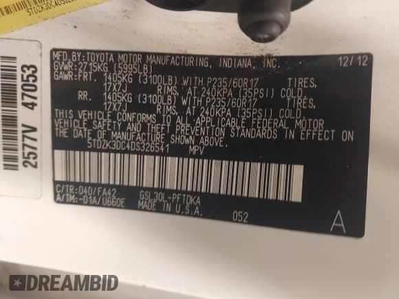 ✅ 2013 Toyota Sienna L • VIN: 5TDZK3DC4DS326541 • Lot: 42861022. Wystawiony na IAAI z przebiegiem 304 238 mil. Bezpłatny archiwum sprzedaży aukcyjnych z USA i szczegółowy raport historii pojazdu na DreamBid. Zdjęcie 9.