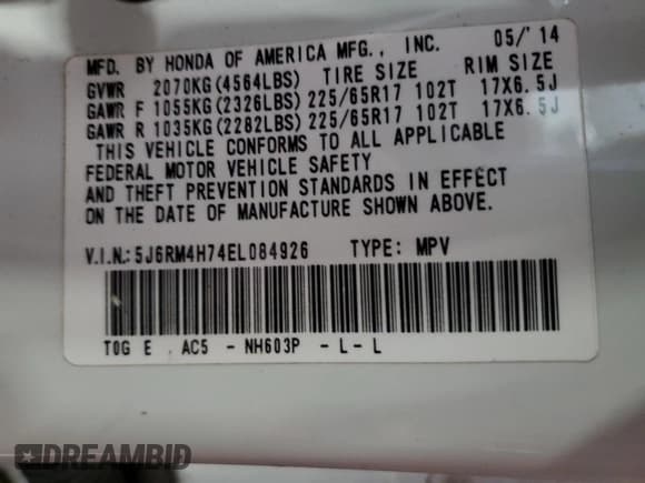 ✅ 2014 Honda CR-V EX-L • VIN: 5J6RM4H74EL084926 • Lot: 59926255. Listed on Copart with 148,727 mi. Free auction sales archive from the USA and detailed vehicle history report at DreamBid. Image 13.