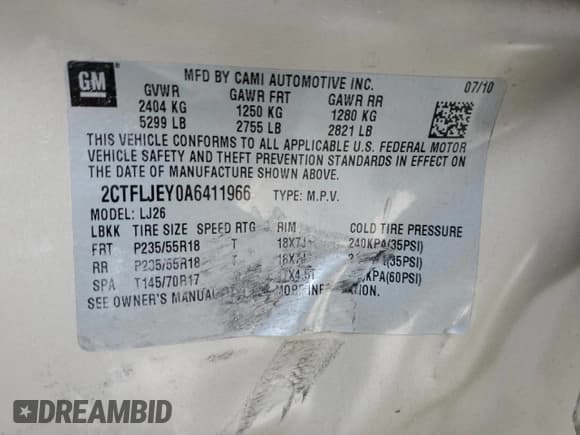 ✅ 2010 GMC Terrain SLT-2 • VIN: 2CTFLJEY0A6411966 • Lot: 81506425. Listed on Copart with 162,234 mi. Free auction sales archive from the USA and detailed vehicle history report at DreamBid. Image 13.