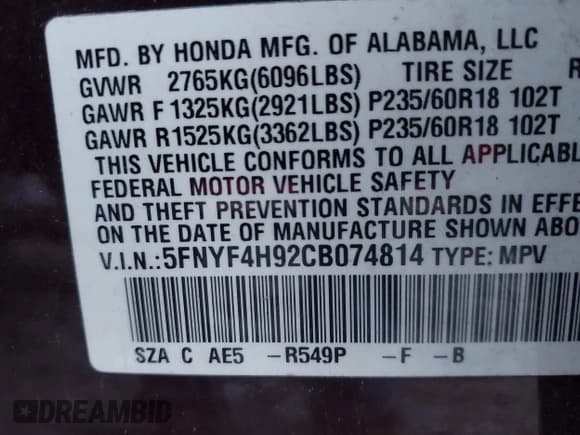 ✅ 2012 Honda Pilot Touring • VIN: 5FNYF4H92CB074814 • Lot: 43655208. Listed on IAAI with 223,305 mi. Free auction sales archive from the USA and detailed vehicle history report at DreamBid. Image 9.