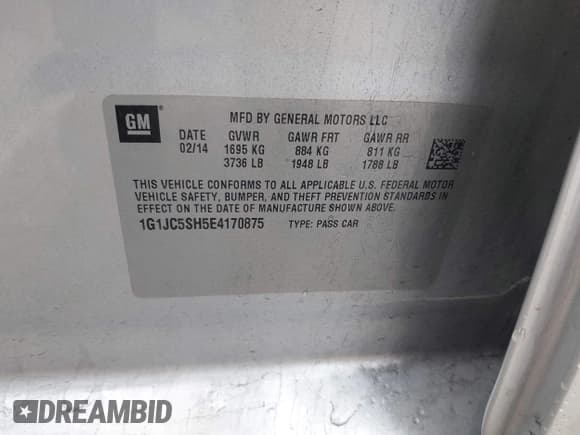 ✅ 2014 Chevrolet Sonic LT • VIN: 1G1JC5SH5E4170875 • Лот: 42367419. Опубликован ранее на IAAI с пробегом 152 289 миль. Бесплатный доступ к архиву аукционных продаж из США и подробный отчёт об истории автомобиля на DreamBid. Изображение 9.