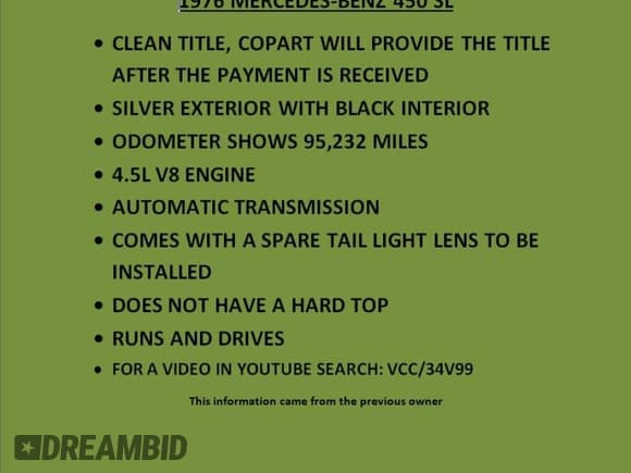 ✅ 1976 Mercedes-Benz SL • VIN: 10704412032553 • Лот: 79898874. Опубликован ранее на Copart с пробегом 95 232 миль. Бесплатный доступ к архиву аукционных продаж из США и подробный отчёт об истории автомобиля на DreamBid. Изображение 12.