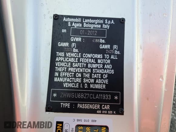 ✅ 2012 Lamborghini Gallardo • VIN: ZHWGU6BZ7CLA11933 • Lot: 74679154. Listed on Copart with Not provided. Free auction sales archive from the USA and detailed vehicle history report at DreamBid. Image 14.