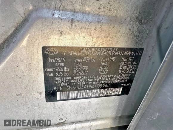 2019 Hyundai Santa Fe SE with VIN 5NMS23AD5KH083501, listed as a Copart auction lot 91518635 with 162,611 mi miles and Clean title. Bid and sale history available at DreamBid. Image 10.