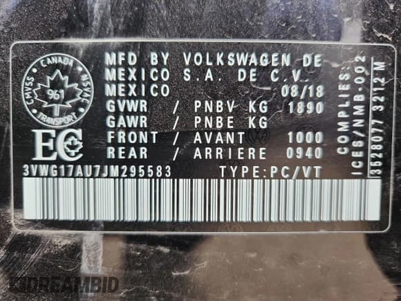 ✅ 2018 Volkswagen Golf S • VIN: 3VWG17AU7JM295583 • Lot: 92009795. Wystawiony na Copart z przebiegiem 123 526 mil. Bezpłatny archiwum sprzedaży aukcyjnych z USA i szczegółowy raport historii pojazdu na DreamBid. Zdjęcie 12.