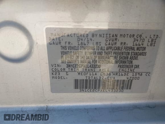 ✅ 2014 Nissan Note S Plus • VIN: 3N1CE2CPXEL433230 • Lot: 43341163. Wystawiony na IAAI z przebiegiem 55 710 mil. Bezpłatny archiwum sprzedaży aukcyjnych z USA i szczegółowy raport historii pojazdu na DreamBid. Zdjęcie 9.