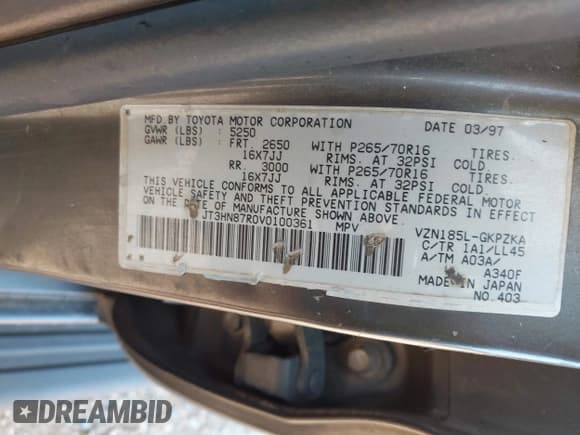 ✅ 1997 Toyota 4Runner Limited • VIN: JT3HN87R0V0100361 • Lot: 42793198. Listed on IAAI with 272,850 mi. Free auction sales archive from the USA and detailed vehicle history report at DreamBid. Image 9.