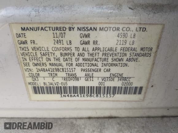 ✅ 2008 Nissan Maxima SE • VIN: 1N4BA41E98C815157 • Lot: 42640996. Listed on IAAI with 211,233 mi. Free auction sales archive from the USA and detailed vehicle history report at DreamBid. Image 9.