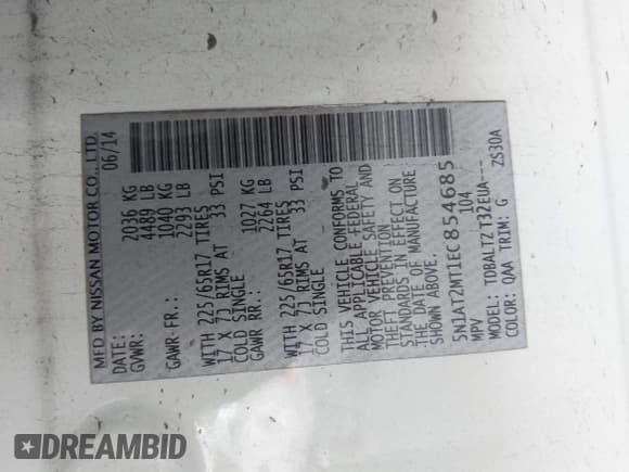 ✅ 2014 Nissan Rogue SL • VIN: 5N1AT2MT1EC854685 • Lot: 43468750. Listed on IAAI with 134,746 mi. Free auction sales archive from the USA and detailed vehicle history report at DreamBid. Image 9.