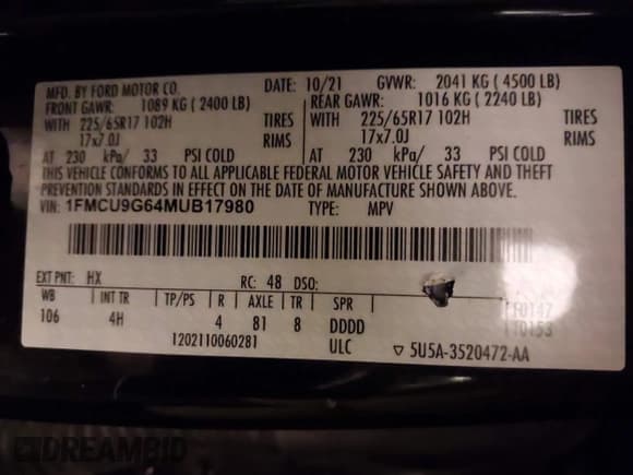 ✅ 2021 Ford Escape SE • VIN: 1FMCU9G64MUB17980 • Lot: 43614730. Listed on IAAI with 48,734 mi. Free auction sales archive from the USA and detailed vehicle history report at DreamBid. Image 9.