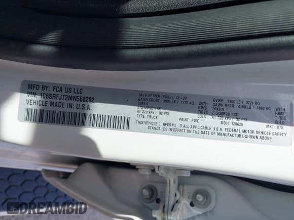 ✅ 2021 Ram 1500 Laramie • VIN: 1C6SRFJT2MN568292 • Lot: 42831621. Listed on IAAI with 81,902 mi. Free auction sales archive from the USA and detailed vehicle history report at DreamBid. Image 9.