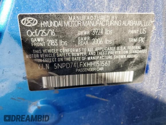 ✅ 2017 Hyundai Elantra SE • VIN: 5NPD74LFXHH151561 • Lot: 85368025. Listed on Copart with Not provided. Free auction sales archive from the USA and detailed vehicle history report at DreamBid. Image 12.