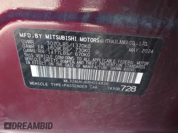 ✅ 2024 Mitsubishi Mirage ES • VIN: ML32AUHJ6RH014836 • Lot: 43631150. Listed on IAAI with 37,237 mi. Free auction sales archive from the USA and detailed vehicle history report at DreamBid. Image 9.