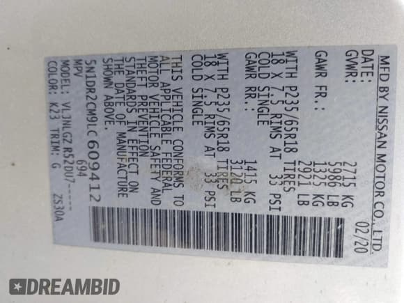 ✅ 2020 Nissan Pathfinder SL • VIN: 5N1DR2CM9LC609412 • Лот: 43309852. Опубликован ранее на IAAI с пробегом 115 819 миль. Бесплатный доступ к архиву аукционных продаж из США и подробный отчёт об истории автомобиля на DreamBid. Изображение 9.