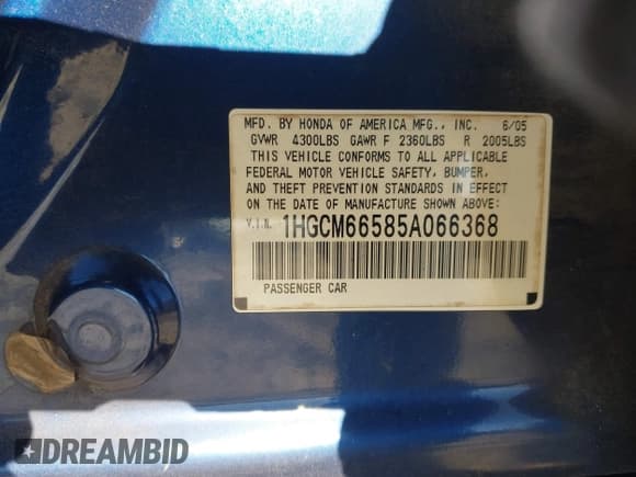 ✅ 2005 Honda Accord EX-L • VIN: 1HGCM66585A066368 • Лот: 43789894. Опубликован ранее на IAAI с пробегом 294 093 миль. Бесплатный доступ к архиву аукционных продаж из США и подробный отчёт об истории автомобиля на DreamBid. Изображение 9.