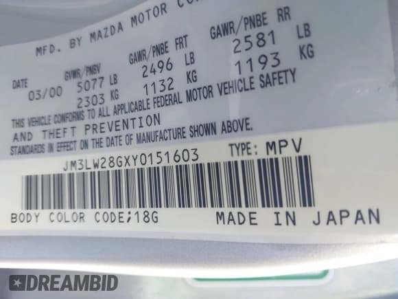 ✅ 2000 Mazda MPV DX • VIN: JM3LW28GXY0151603 • Лот: 42236699. Опубликован ранее на IAAI с пробегом 110 407 миль. Бесплатный доступ к архиву аукционных продаж из США и подробный отчёт об истории автомобиля на DreamBid. Изображение 9.