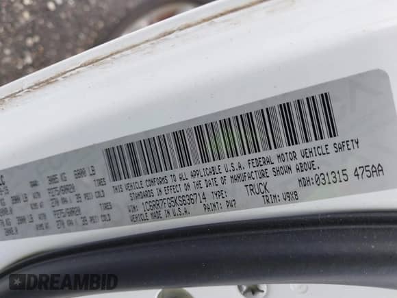 2019 Ram 1500 Tradesman with VIN 1C6RR7FG5KS636714, listed as a IAAI auction lot 42270900 with 55,175 mi miles and . Bid and sale history available at DreamBid. Image 9.