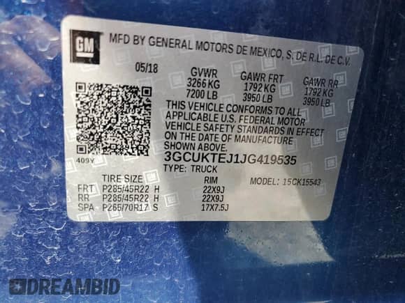 2018 Chevrolet Silverado 1500 High Country with VIN 3GCUKTEJ1JG419535, listed as a Copart auction lot 64389945 with 113,452 mi miles and Salvage title. Bid and sale history available at DreamBid. Image 13.