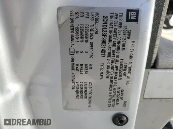 ✅ 2009 Chevrolet Equinox 1LT • VIN: 2CNDL33F996214317 • Лот: 49440925. Опубликован ранее на Copart с пробегом 262 392 миль. Бесплатный доступ к архиву аукционных продаж из США и подробный отчёт об истории автомобиля на DreamBid. Изображение 15.