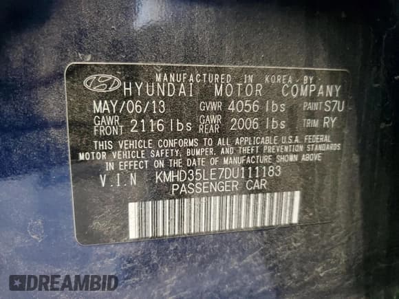 ✅ 2013 Hyundai Elantra • VIN: KMHD35LE7DU111183 • Lot: 87313845. Listed on Copart with 174,480 mi. Free auction sales archive from the USA and detailed vehicle history report at DreamBid. Image 12.