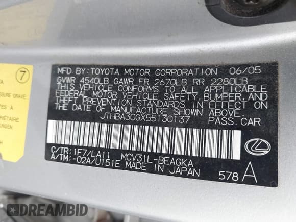 ✅ 2005 Lexus ES 350 • VIN: JTHBA30GX55130137 • Lot: 42461283. Listed on IAAI with 241,732 mi. Free auction sales archive from the USA and detailed vehicle history report at DreamBid. Image 9.