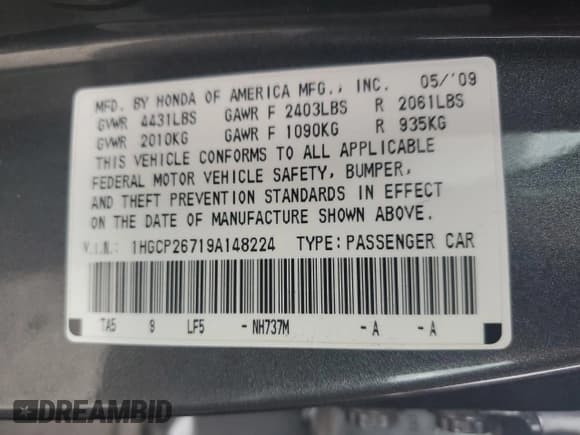 ✅ 2009 Honda Accord EX • VIN: 1HGCP26719A148224 • Лот: 90780825. Опубликован ранее на Copart с пробегом Не указан. Бесплатный доступ к архиву аукционных продаж из США и подробный отчёт об истории автомобиля на DreamBid. Изображение 12.