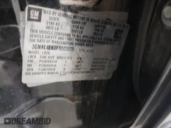 2015 Chevrolet Captiva Sport LTZ с VIN 3GNAL4EK0FS503873, выставлен на аукционе Copart как лот 84217534 с пробегом 111 432 миль миль и Списание • Salvage title. История ставок и продаж доступна на DreamBid. Изображение 14.