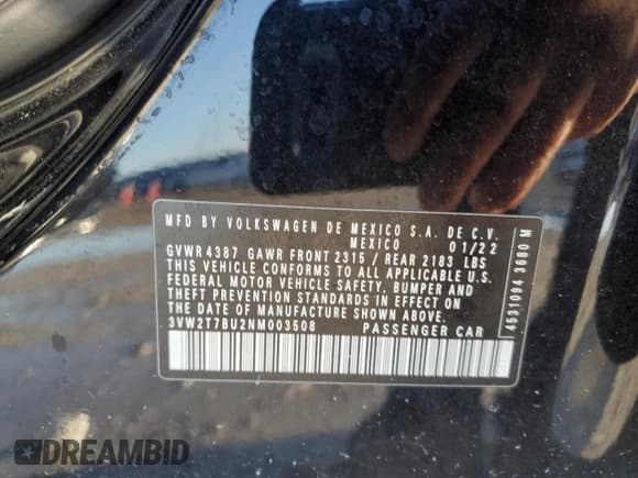 ✅ 2022 Volkswagen Jetta Autobahn • VIN: 3VW2T7BU2NM003508 • Lot: 83935545. Listed on Copart with 24,555 mi. Free auction sales archive from the USA and detailed vehicle history report at DreamBid. Image 12.