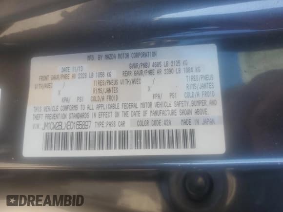 ✅ 2014 Mazda 5 Sport • VIN: JM1CW2BLXE0165897 • Lot: 89671535. Listed on Copart with 101,684 mi. Free auction sales archive from the USA and detailed vehicle history report at DreamBid. Image 12.