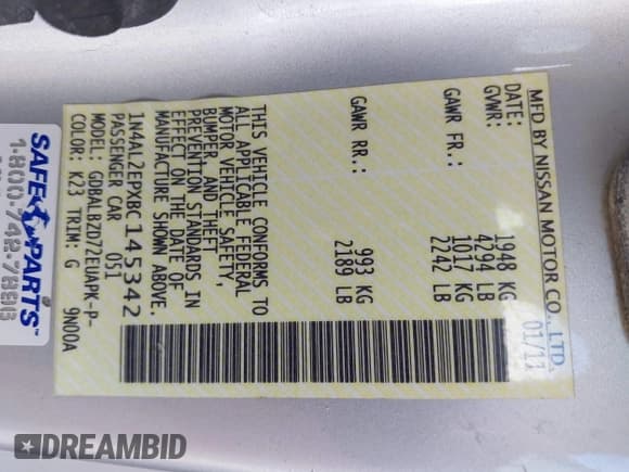 ✅ 2011 Nissan Altima S • VIN: 1N4AL2EPXBC145342 • Лот: 43379283. Опубликован ранее на IAAI с пробегом 177 714 миль. Бесплатный доступ к архиву аукционных продаж из США и подробный отчёт об истории автомобиля на DreamBid. Изображение 9.