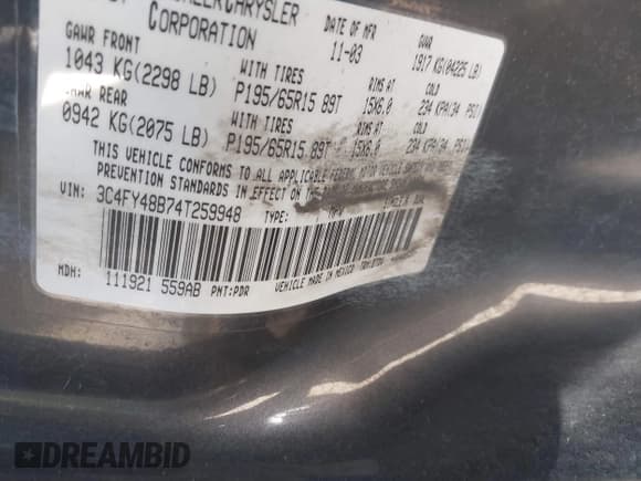 ✅ 2004 Chrysler PT Cruiser • VIN: 3C4FY48B74T259948 • Lot: 40885617. Listed on IAAI with 179,393 mi. Free auction sales archive from the USA and detailed vehicle history report at DreamBid. Image 9.