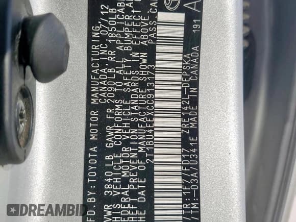 ✅ 2012 Toyota Corolla LE • VIN: 2T1BU4EEXCC913173 • Lot: 91587185. Listed on Copart with 105,827 mi. Free auction sales archive from the USA and detailed vehicle history report at DreamBid. Image 12.