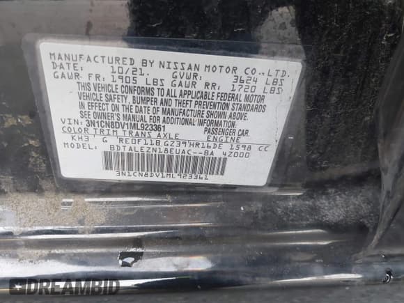 ✅ 2021 Nissan Versa S • VIN: 3N1CN8DV1ML923361 • Lot: 43507980. Listed on IAAI with 39,745 mi. Free auction sales archive from the USA and detailed vehicle history report at DreamBid. Image 9.