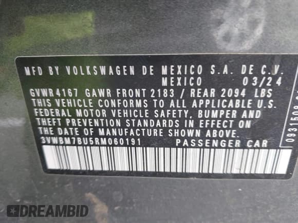 ✅ 2024 Volkswagen Jetta Sport • VIN: 3VWBM7BU5RM060191 • Lot: 43430431. Listed on IAAI with 46,899 mi. Free auction sales archive from the USA and detailed vehicle history report at DreamBid. Image 9.