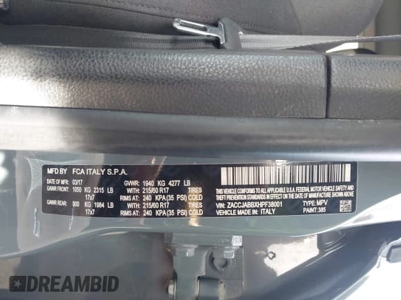 ✅ 2017 Jeep Renegade Latitude • VIN: ZACCJABBXHPF38001 • Лот: 43576595. Опубликован ранее на IAAI с пробегом Не указан. Бесплатный доступ к архиву аукционных продаж из США и подробный отчёт об истории автомобиля на DreamBid. Изображение 9.