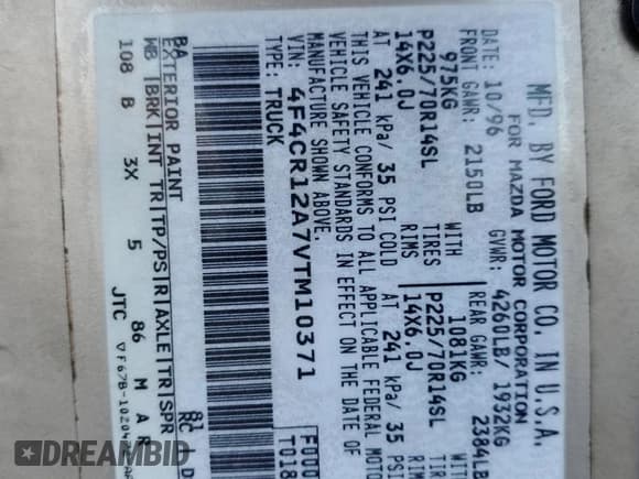 ✅ 1997 Mazda B-Series • VIN: 4F4CR12A7VTM10371 • Lot: 89155465. Wystawiony na Copart z przebiegiem 97 656 mil. Bezpłatny archiwum sprzedaży aukcyjnych z USA i szczegółowy raport historii pojazdu na DreamBid. Zdjęcie 14.