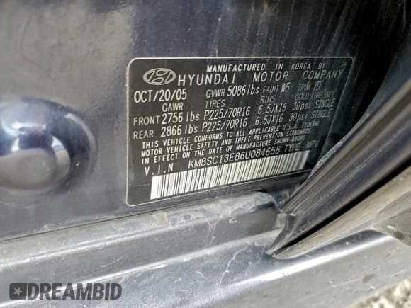 ✅ 2006 Hyundai Santa Fe GLS • VIN: KM8SC13E86U084658 • Lot: 94516235. Listed on Copart with 9,251 mi. Free auction sales archive from the USA and detailed vehicle history report at DreamBid. Image 12.