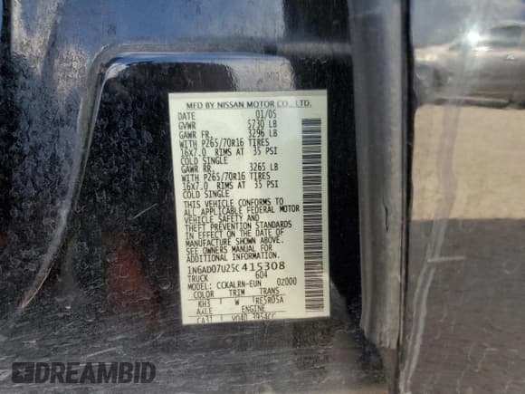 ✅ 2005 Nissan Frontier LE • VIN: 1N6AD07U25C415308 • Lot: 89891765. Listed on Copart with 191,839 mi. Free auction sales archive from the USA and detailed vehicle history report at DreamBid. Image 12.