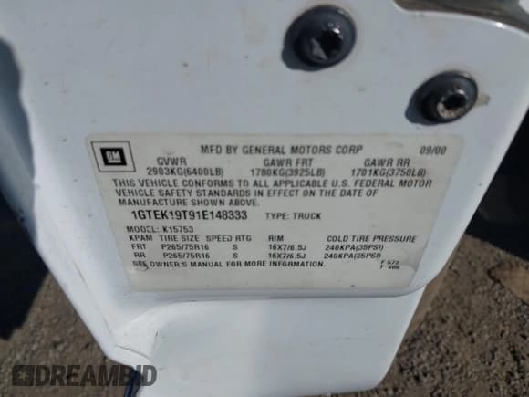 ✅ 2001 GMC Sierra 1500 SLE • VIN: 1GTEK19T91E148333 • Лот: 43426560. Опубликован ранее на IAAI с пробегом 213 899 миль. Бесплатный доступ к архиву аукционных продаж из США и подробный отчёт об истории автомобиля на DreamBid. Изображение 9.