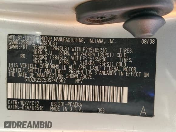 2009 Toyota Sienna CE z VIN 5TDZK23C59S240562, wystawiony jako Copart lot #80334285 z przebiegiem 192 320 mil mil oraz Szkoda całkowita • Salvage title. Historia ofert i sprzedaży dostępna na DreamBid. Obrazek 13.