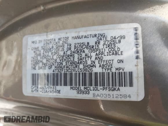 ✅ 1999 Toyota Sienna LE • VIN: 4T3ZF13C2XU153826 • Lot: 43725017. Wystawiony na IAAI z przebiegiem 290 148 mil. Bezpłatny archiwum sprzedaży aukcyjnych z USA i szczegółowy raport historii pojazdu na DreamBid. Zdjęcie 9.