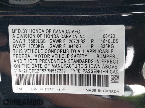 ✅ 2023 Honda Civic Sport • VIN: 2HGFE2F57PH557229 • Lot: 43693355. Listed on IAAI with 22,110 mi. Free auction sales archive from the USA and detailed vehicle history report at DreamBid. Image 9.