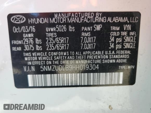 ✅ 2017 Hyundai Santa Fe 2.4L • VIN: 5NMZUDLB9HH019304 • Lot: 57956045. Wystawiony na Copart z przebiegiem 140 037 mil. Bezpłatny archiwum sprzedaży aukcyjnych z USA i szczegółowy raport historii pojazdu na DreamBid. Zdjęcie 14.