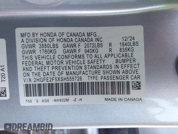 ✅ 2025 Honda Civic Sport • VIN: 2HGFE2F5XSH555726 • Лот: 43315658. Опубликован ранее на IAAI с пробегом 11 911 миль. Бесплатный доступ к архиву аукционных продаж из США и подробный отчёт об истории автомобиля на DreamBid. Изображение 9.