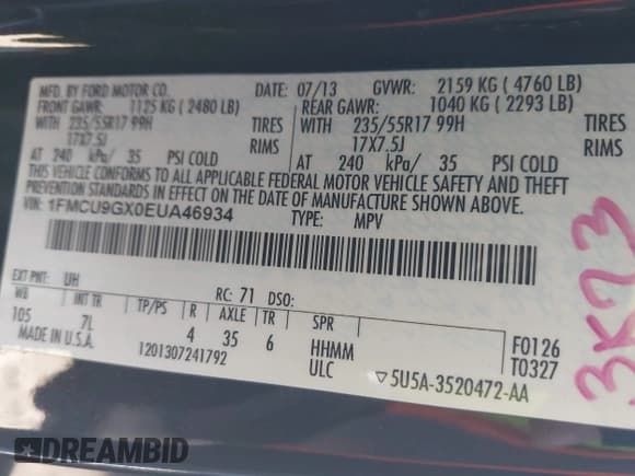 ✅ 2014 Ford Escape SE • VIN: 1FMCU9GX0EUA46934 • Лот: 43616134. Опубликован ранее на IAAI с пробегом 129 372 миль. Бесплатный доступ к архиву аукционных продаж из США и подробный отчёт об истории автомобиля на DreamBid. Изображение 9.