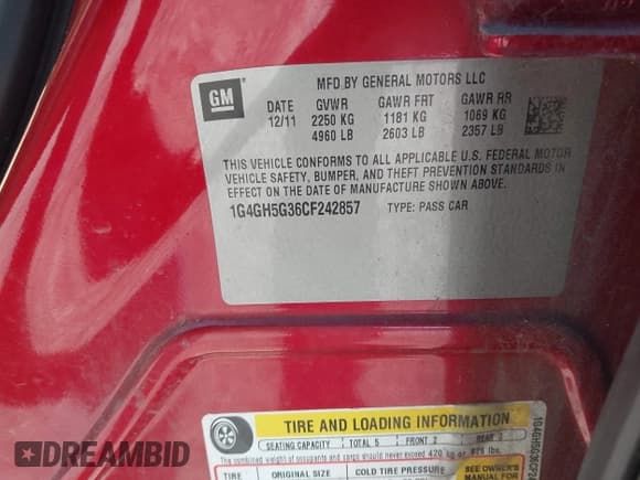 ✅ 2012 Buick LaCrosse Premium 3 • VIN: 1G4GH5G36CF242857 • Lot: 43473803. Listed on IAAI with 117,317 mi. Free auction sales archive from the USA and detailed vehicle history report at DreamBid. Image 9.