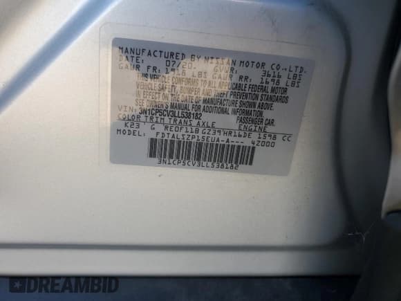 ✅ 2020 Nissan Kicks SV • VIN: 3N1CP5CV3LL538182 • Lot: 89724825. Listed on Copart with Not provided. Free auction sales archive from the USA and detailed vehicle history report at DreamBid. Image 13.